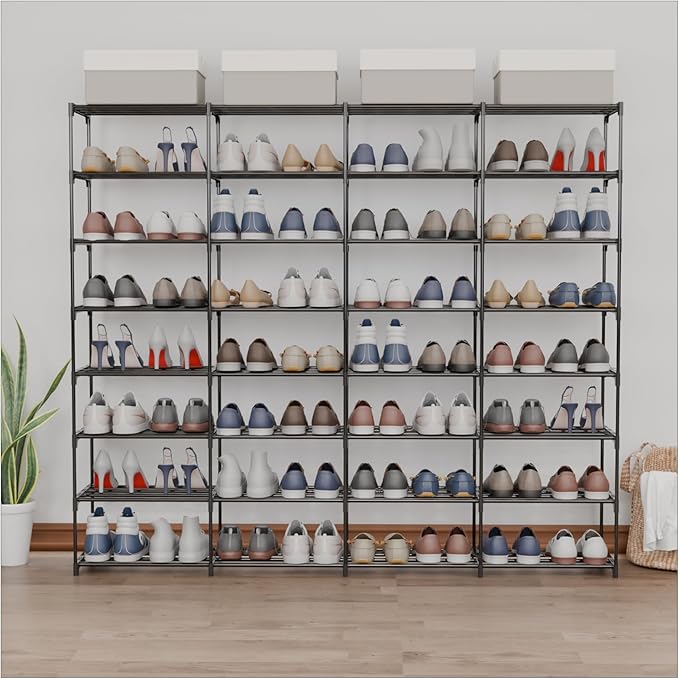 SMILHELTD Large Shoe Rack 4 Row 8 Tier for Entryway Holds 64 Pairs, Metal & Plastic Shelves, DIY Assembly, Space Saving Storage Unit for Garage Closet, 66.1" W x 49.2" H