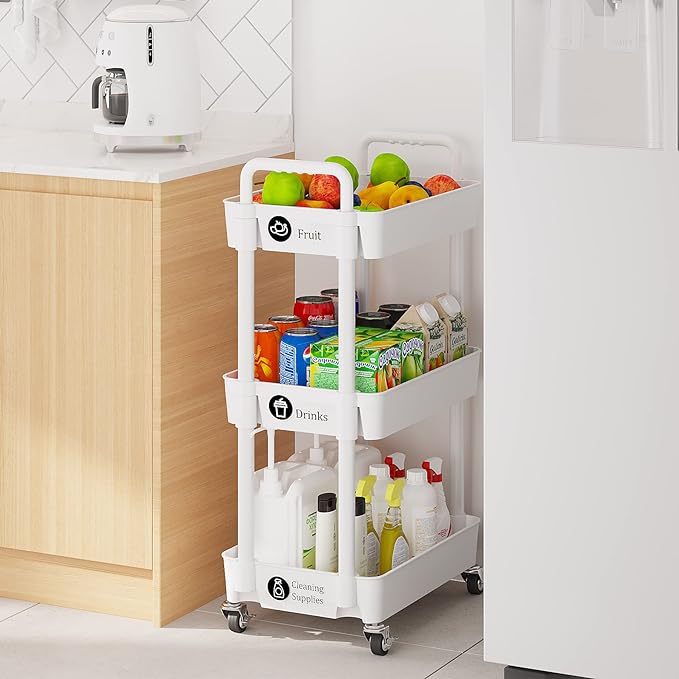 3-Tier Rolling Cart with Wheels, Multifunction Utility Storage Carts, White