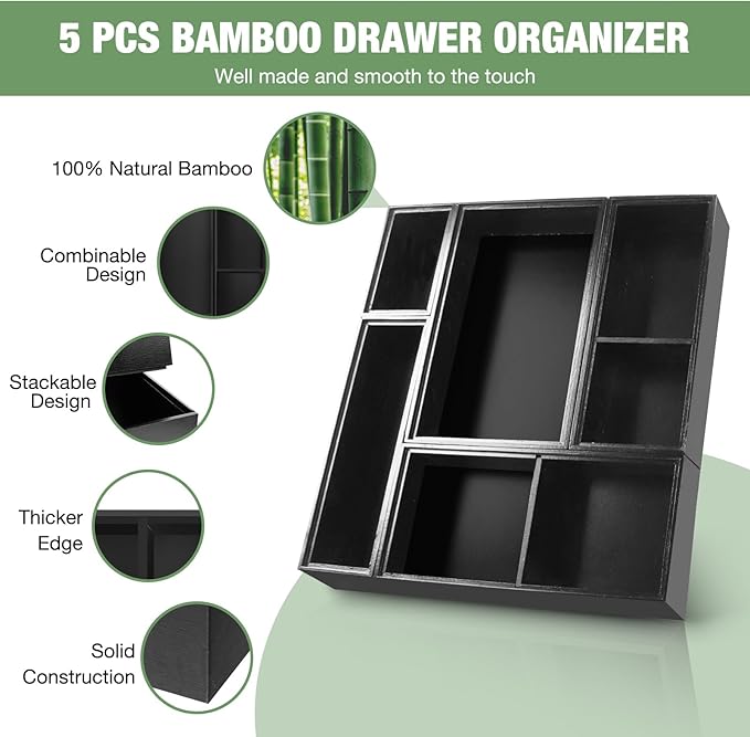 Bamboo Drawer Organizer, 5 PCS Black Silverware Tray&Desk Organizers and Storage