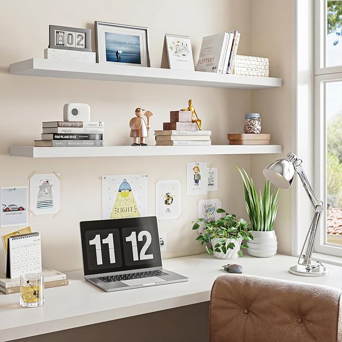 Fixwal Floating Shelves for Wall, 47" Long Heavy Duty Wall Mounted Rustic Wood Shelves for Living Room, Bedroom, Bathroom and Kitchen, for Storage, Books, Room Decor (White, Set of 2)