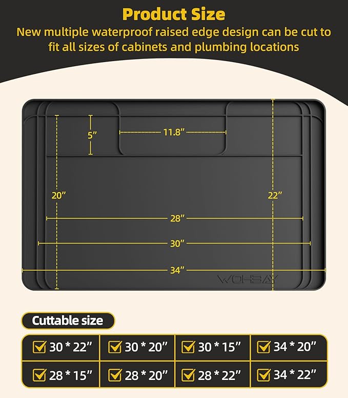 Under Sink Mats for Kitchen Waterproof, Black, Large
