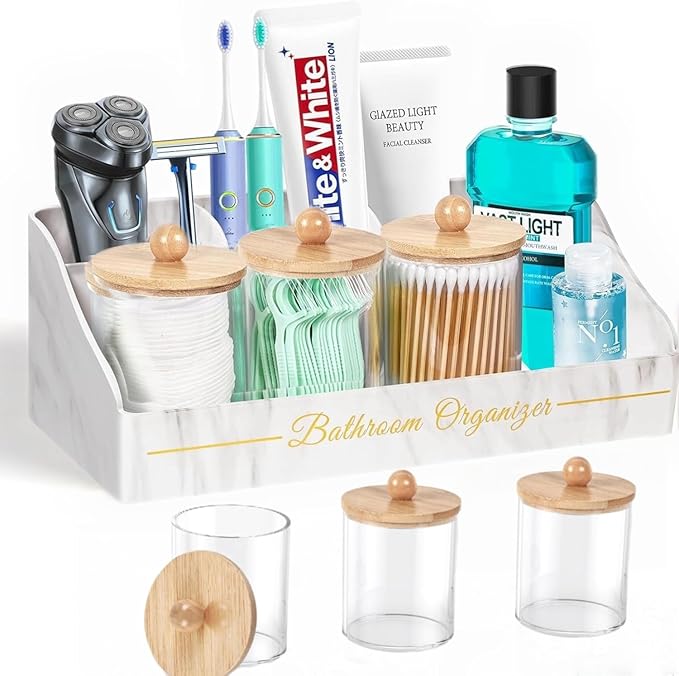 Tucao Toothbrush Holders, Toothbrush Holders for Bathroom with 6 Large Capacity Storage Slots & 3 Qtip Holders - Sturdy for Bathroom Counter Organizers and Storage Countertop - Marble White