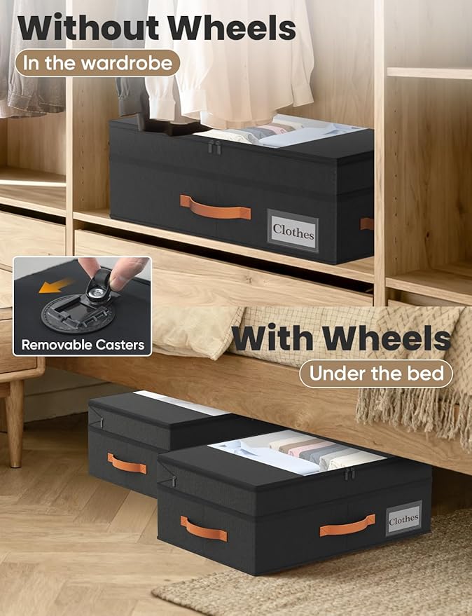 TOSKING 2-Pack Under Bed Storage Drawers with Wheels, 6 Vacuum Bags, Adjustable Height 7.9-10.2", 63L/80 lbs Clear Lid Rolling Bin, 900D Oxford, Space Saver for Dorm Bedroom Clothes Shoes, Black