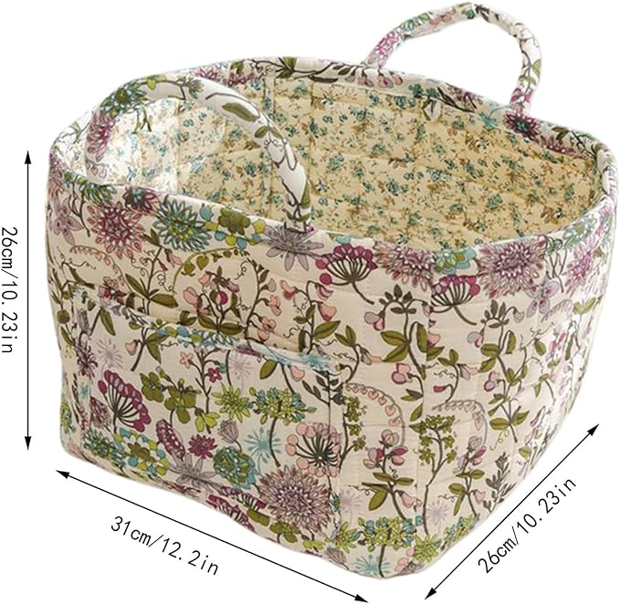 Quilted Fabric Storage Baskets with Handles, Boho Floral Gift Basket Foldable Organizer Bin for Home Decor, Picnic, Travel 12''x10''x10'' (Purple)