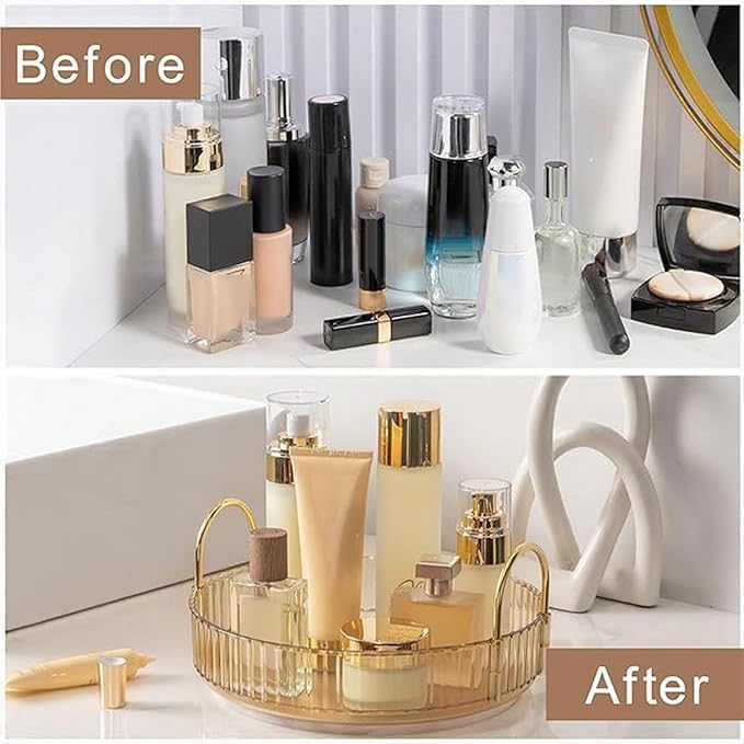 INVSSENE 360° Rotating Makeup Organizer, Bathroom Make Up Spinning Holder Rack, Large Capacity Cosmetics Storage Vanity Shelf Countertop, Fits Cosmetics, Perfume, Skincare, Lipsticks(1 Tier, Yellow)