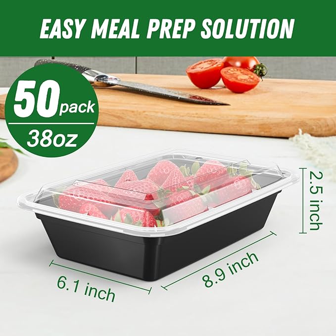 Dealusy 50 Pack (100-Piece) 38 oz Meal Prep Containers Reusable with Lids, Sturdy Leakproof & Food Safe, Microwave, Freezer, Dishwasher Safe Prep Containers, To Go Take Out Plastic Food Storage