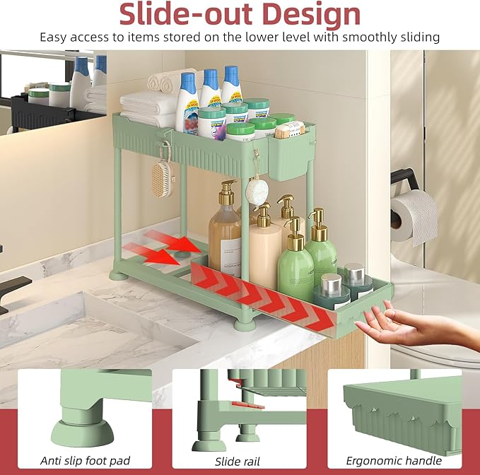 Under Sink Organizer, Bathroom Organizers and Storage, Green, 4 Pack