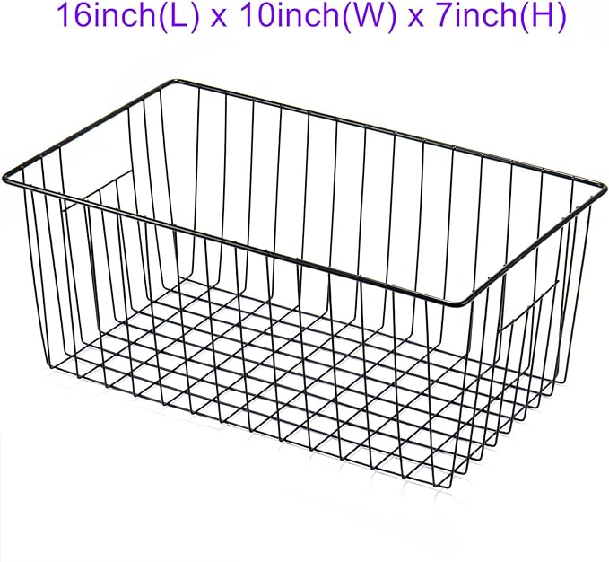 16inch Freezer Wire Storage Organizer Baskets, Household Refrigerator Bin with Built-in Handles for Cabinet, Pantry, Closet