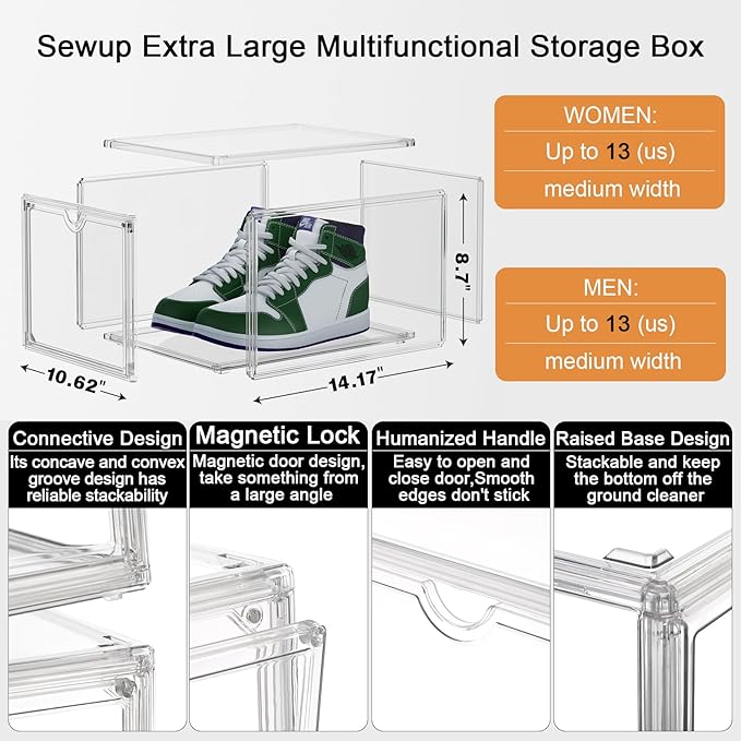 Clear Shoe Storage Boxes Stackable, Display Case With Magnetic Door, 4 Pack Acrylic, Plastic Shoe Boxes With Lids, Sneaker Storage