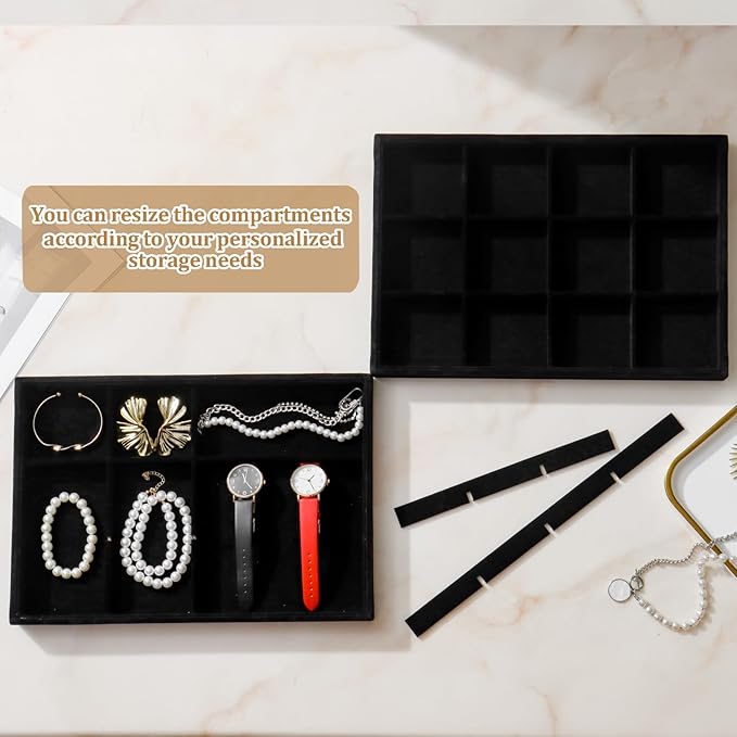 Large Velvet Jewelry Tray 2 Pack Stackable Jewelry Display Drawer Inserts Trays Organizer for Earring Bracelet Necklace Ring (Black, 12 Grids)