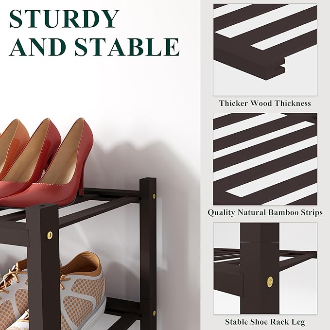 Smiry Small Bamboo Shoe Rack, 4 Tier Free Standing Wooden Shoe Organizer, Stackable Wood Shoe Storage Shelf for Closet, Entryway, 12 Vertical Slats, 2+2 Stack Standard Legs, 17.3"x11"x26", Brown