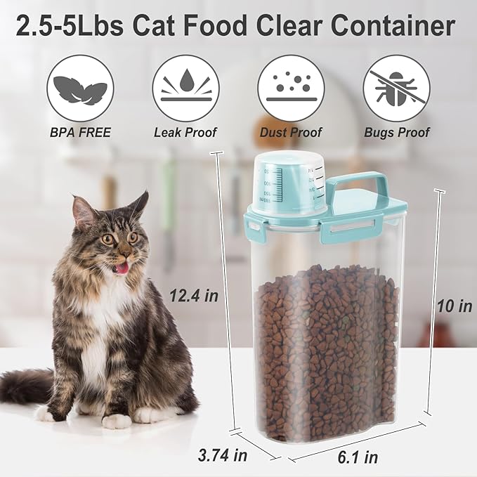 2.5-5LBS Upgraded Large Nozzle Dog Cat Food Storage Container BPA-free, Airtight Pet Food Storage Bin with 4 Lock Buckles, Sealing Gasket, Cup for Pet Food, Cereal, Dog Treats, Rice, Dry Blue-2 Pack
