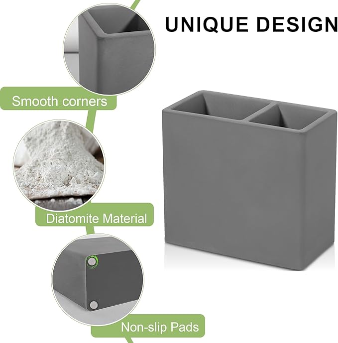 Diatomite Toothbrush Holder 2 Slots Tooth Brush Holder for Bathroom, Kids Electric Toothbrush and Toothpaste Organizer for Countertop, Shower, Vanity, Dark Grey