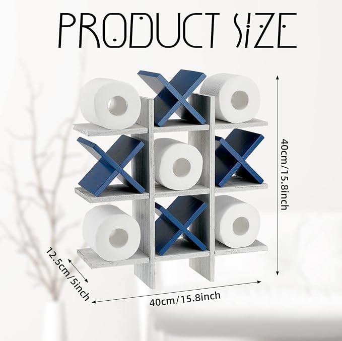 Weysat Tic Tac Toe Toilet Paper Holder Stand Bathroom Wall Decor Rustic Wooden Hanging Storage Freestanding Wall Mounted Shelves Decor for Toilet Tissue Farmhouse