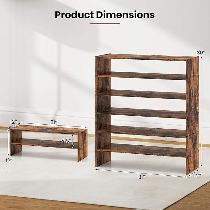 Giantex 3-in-1 Vertical Shoe Rack, 6-Tier Free Standing Shoe Storage Organizer w/Stackable Design for 18 Pairs, 31 Inch Wide Wood Shoe Shelf for Closet, Entryway, Living Room, Office (2, Brown)