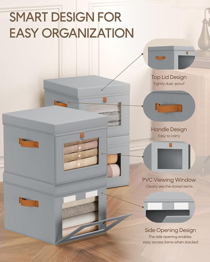 Homsorout Storage Bins with Lid – Closet Organizer with Side Opening and Clear Window, Foldable Stackable Fabric Basket for Clothes, Home, Office - 13.77" x 11.8" x 9.8", 3 Pack, Grey