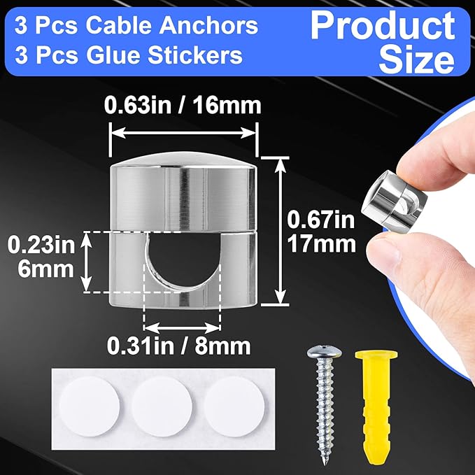SmallCat 3 Sets Charger Holders for Cords, Silver Adjustable Cable Anchor Holders, Adhesive Metal Cord Clips, Cable Management Wire Organizers for Desk, Office, Nightstand