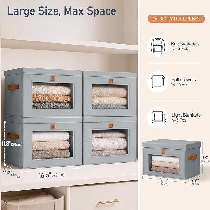 DIMJ Storage Bins with Lids - 6 Pack Front Opening Stackable Fabric Storage Boxes with Clear Window & Handles, Collapsible Closet Organizers for Clothes, Sweaters, Shelf Storage, Bedroom, Gray
