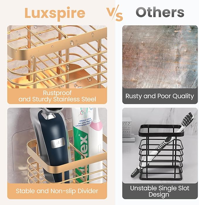 Luxspire Toothbrush Holders for Bathroom, Stainless Steel Electric Toothbrush Holder Wall Mounted, Shower Toothbrush Toothpaste Holder, Bathroom Organizer Essentials, 2 Slots, Rose Gold