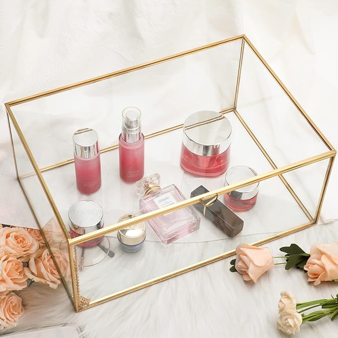 HighFree Vintage Glass Box with Lid - Clear Jewelry Glass Display Box Keepsake Box - Home Decor Decorative Box for Trinket Rings Bracelet (Gold, X-Extra Large)
