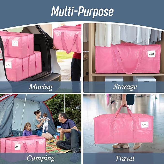 6 Pack Extra Heavy Duty Large Moving Bags with Strong Zipper & Comfortable, Pink