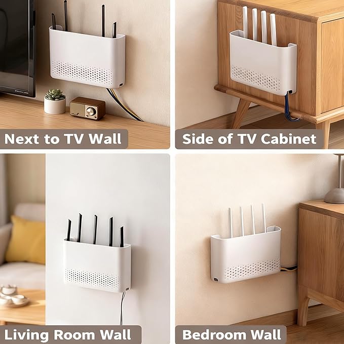 Wall Mounted Router Storage Box - No-Drill WiFi Router Organizer with Heat Dissipation Holes, Cable Management Box for Living Room, Bedroom, Study, Dorm, Apartment