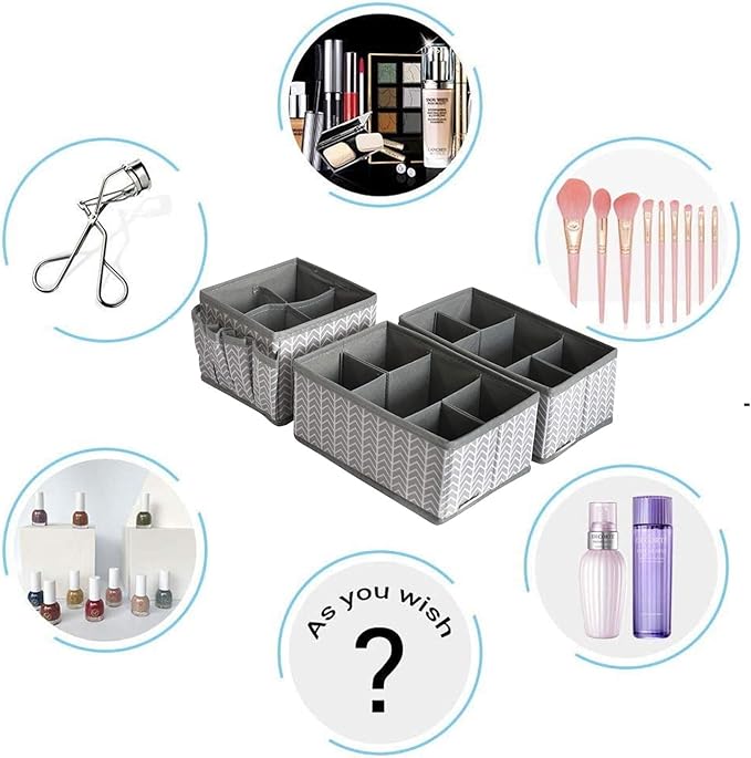 Cosmetic Storage Bins Makeup Organizer, Adjustable Multifunction Storage Box Desk Drawer Divider for Makeup Brushes, Bathroom Countertop or Dresser, Set of 3 (Grey)