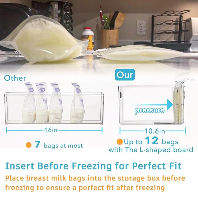 Breastmilk Storage Container with L Shaped Dividers to Flatten Standing Breast Milk Bags in Organizer Bins Save Refrigerator Space | 2 Containers with Removable Separator Boards - Gray