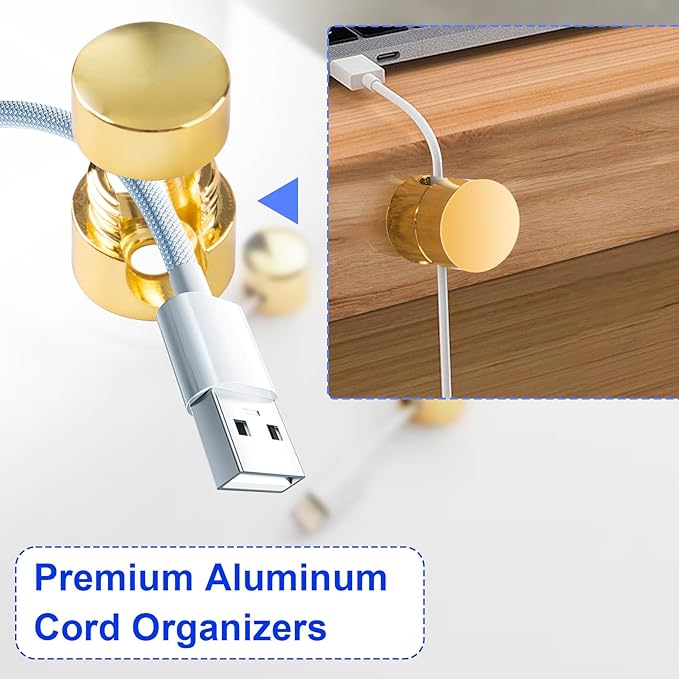 SmallCat 3 Sets Charger Holders for Cords, Gold Adjustable Cable Anchor Holders, Adhesive Metal Cord Clips, Cable Management Wire Organizers for Desk, Office, Nightstand