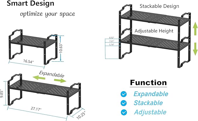 Jojocross Expandable Shelf for Cabinet Organizer Adjustable Stackable Spice Rack at Kitchen and Bathroom More, Counter Countertop Cupboard Organization Pantry Storage (1 Pack/Gun-Grey, Large)