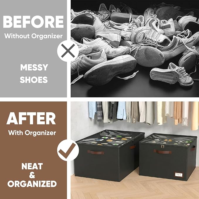 OIAHOMY 2 Pack Shoe Organizer for Closet, Large Foldable Shoe Storage Bins with Dividers and Reinforced Handles, Each Clear Cover Sneaker Box Fits Up to 24 Pairs for Entryway and Bedroom, Black