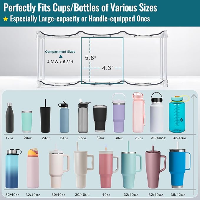 Design for Stanley 40 OZ & Large Bottles & Tumblers with Handle, Acrylic Water Bottle Organizer - Stackable Clear Wine Rack, Cup Holder for Home Kitchen Pantry Shelf Countertop Cabinet, 2 Tier Hold 6