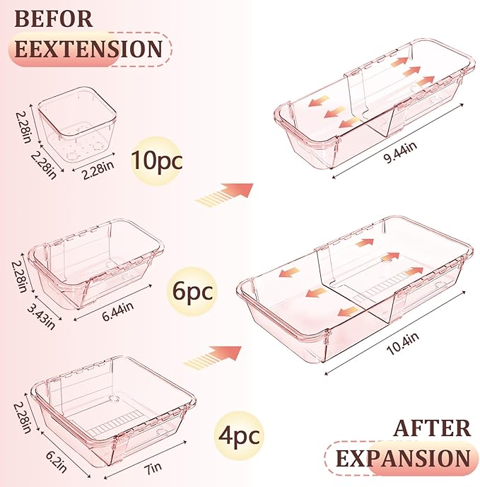 20 Pcs Clear Drawer Organizer, Adjustable Drawer Storage Box, Pink