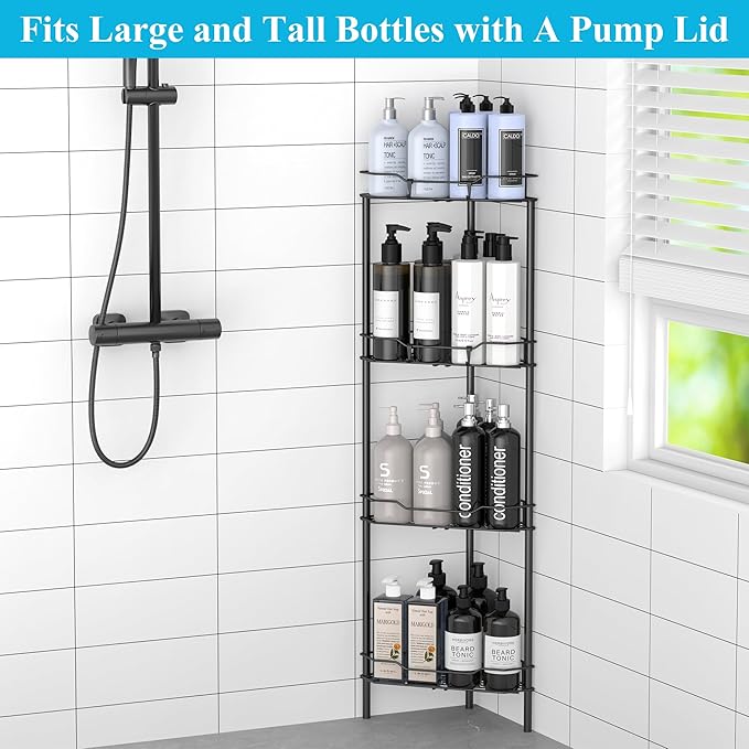 4 Tier Floor Standing Corner Shower Caddy Organizer Shelf with Hooks, Black