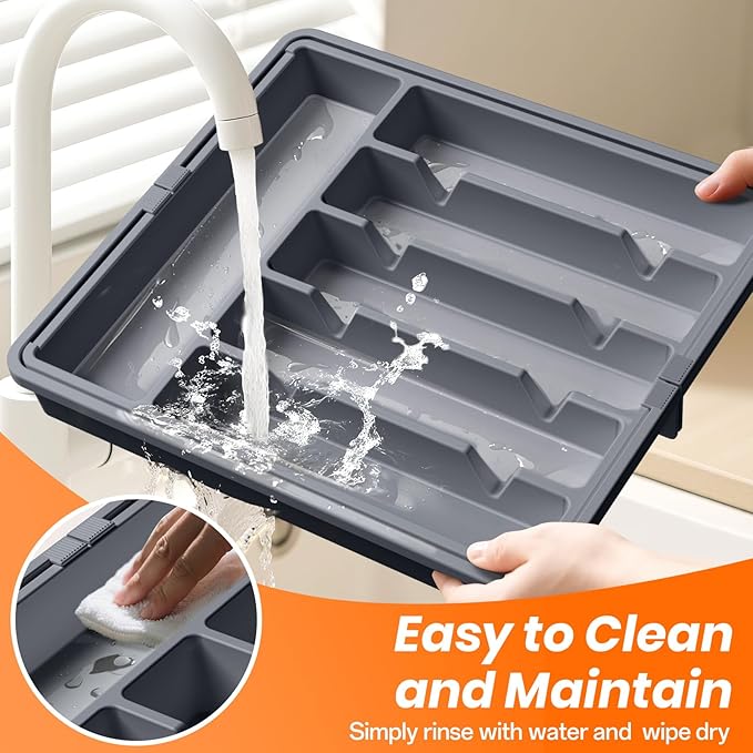 RoomHacks Large Silverware Organizer,Expandable Utensil Drawer Organizer,BPA Free Utensil Holder,Adjustable Silverware Tray Cutlery Drawer Organizer for Kitchen Flatware,Large,Grey (6-8 Slots)