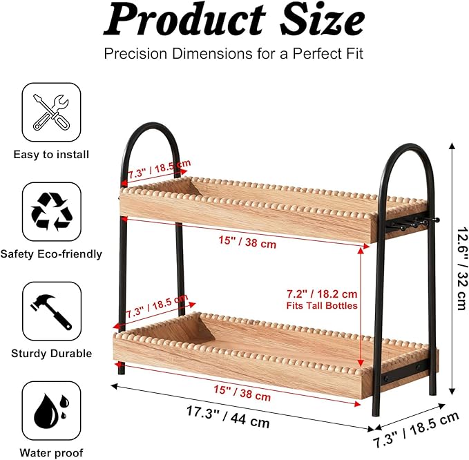 Large 2-Tier Bathroom Countertop Organizer with 8 Jewelry Hooks, 17.3" Eco-Coated Wood Vanity Tray for Perfume & Makeup, Skincare Storage Shelf for Dresser Coffee Bar Kitchen (Light Brown & Black)