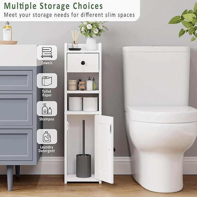 Lomojo Small Bathroom Storage Cabinet,Narrow Toilet Paper Holder,Corner Floor Cabinet with Doors and Drawer for Small Space,Adjustable Shelf Organizer,7.75L*7.75D*29.6H,White