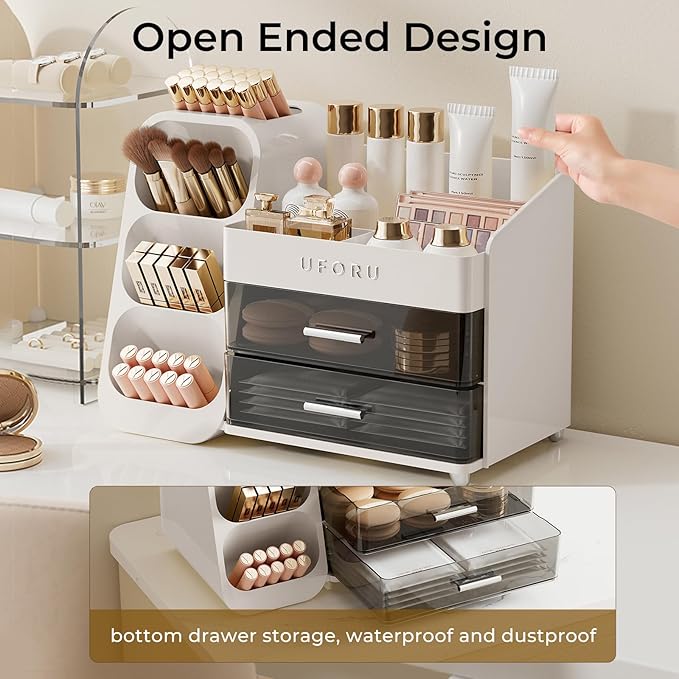 UFORU Makeup Organizer for Vanity with Brush Holder, Large Capacity Bathroom Countertop Skincare Organizer with 2 Drawers, Cosmetic Display Case for Perfumes, Eyeshadow Palettes, Nail Polishes