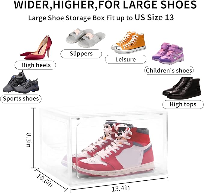 Large Shoe Boxes Clear Plastic Stackable, 8 Pack Drop Side Shoe Storage Organizer with Magnetic Door, Shoe Container Sneaker Storage Display Case Fit up to US Size 13 CLEAR