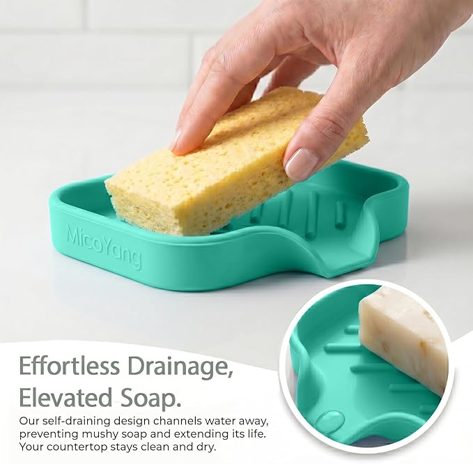 MicoYang Silicone Soap Dish with Drain Spout — Self-Draining Sink Organizer Tray for Bathroom & Kitchen, Holds Bar Soap, Sponges & Dispensers, Non-Slip & Dishwasher Safe, Mint (Small, 4.9"×3.2")