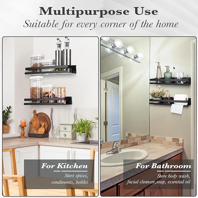 Lallisa 2 Pieces Stainless Steel Shelf Bathroom Shower Floating Shelves Wall Mounted Shower Caddy Basket Shelf Storage Organizer Shelves for Bathroom, Kitchen, Living Room(15.75 Inch/ 40 cm,Black)