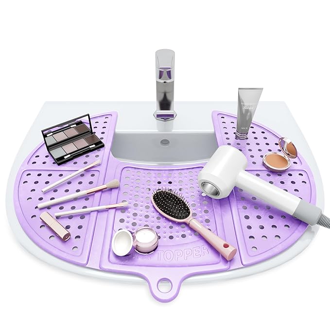 Sink Topper Bathroom Counter Cover & Storage Saver, Foldable Silicone Mat for Hot Tools, Hair Styling & Makeup, Beauty Brush Cleaning Mat, RV Camper Sink Cover & for Small Spaces (Standard Lavender)