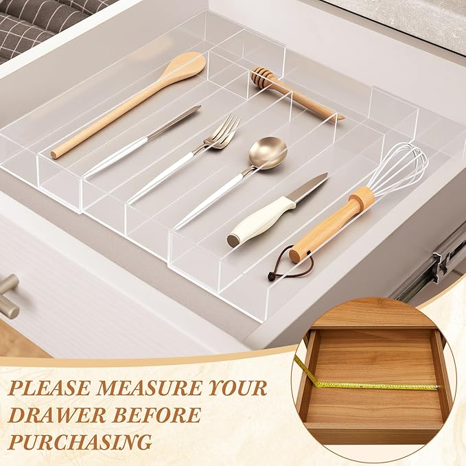 Teenyyou 1 Pack Expandable Kitchen Drawer Organizer Clear Acrylic Utensil Organizer Adjustable Acrylic Silverware Storage for Drawers Silverware Flatware Knives (12 x 16 Inches,5-7 Compartments)