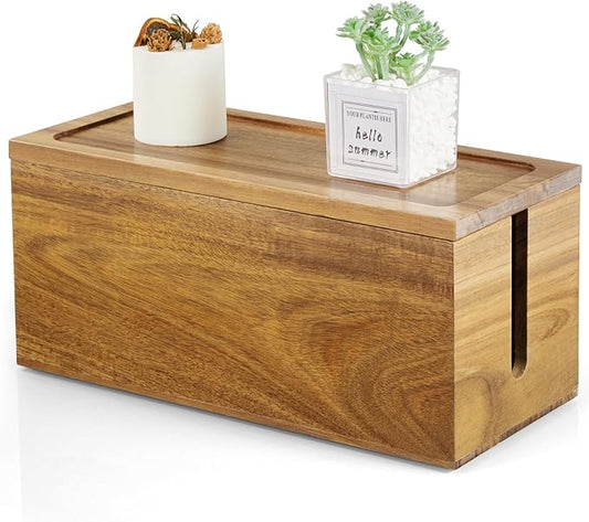 Cable Management Box Medium, Acacia Wooden Cord Organizer Box for Desk, Floor