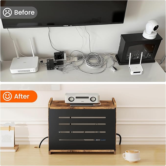 Homode Router Shelf, Wood Wifi Box Hider, Projector Shelf Stand, Router Modem Storage Box Power Strip Cable Management Hider Rack, Routers Cover Organizer for Office Home, Rustic Brown