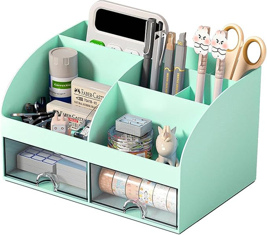 Desk Organizer with 6 Compartments and 2 Drawers, Mint Green