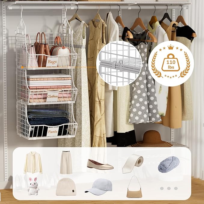 Hanging Closet Organizers and Storage, 5 Tier Closet Shelf Clothes Organizer with 2 S-Hooks, Multi-Functional Iron Wire Baskets, for Clothing, Sweaters, Handbags, Hat, Canned