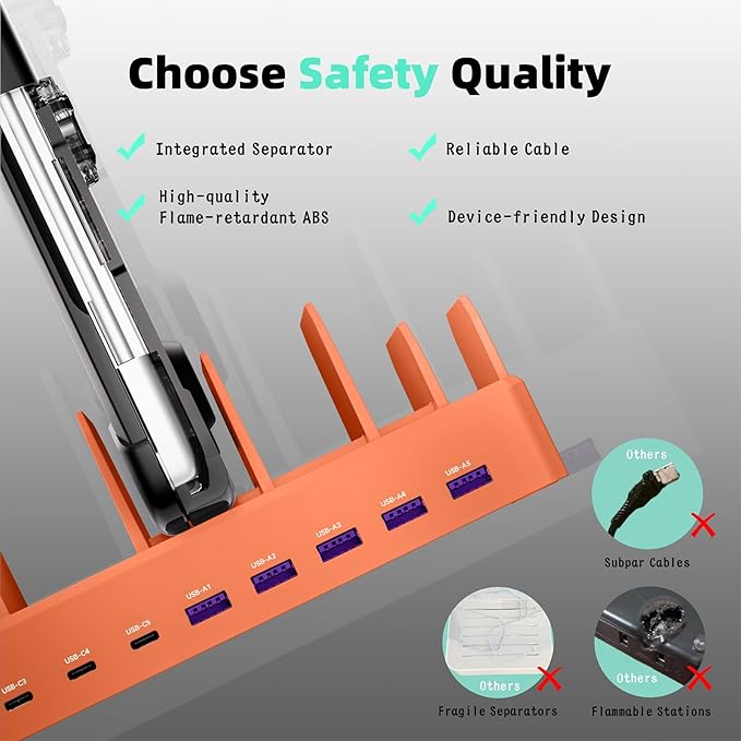 320W Charging Station for Multiple Devices, Zobirez 10-Port USB C Fast Charger Stations for MacBook, iPhone, Android Cell Phone, iPad, Tablet Family Multi-Device Organizer Charging Dock, Orange
