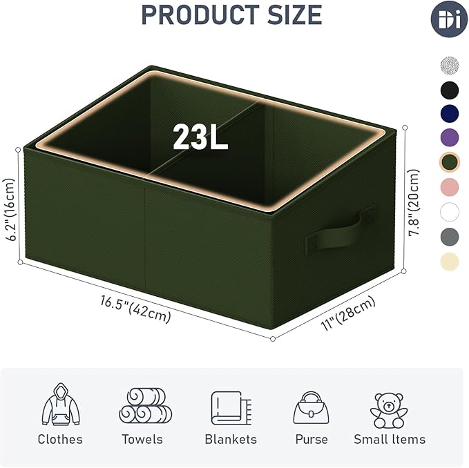 DIMJ Large Closet Shelf Organizer Bins 4 Packs with Handles and Divider, Fabric Trapezoid Storage Baskets, Foldable Clothes Containers Box for Shelf, Towel, Book, Toy, Purse, Hats, Green