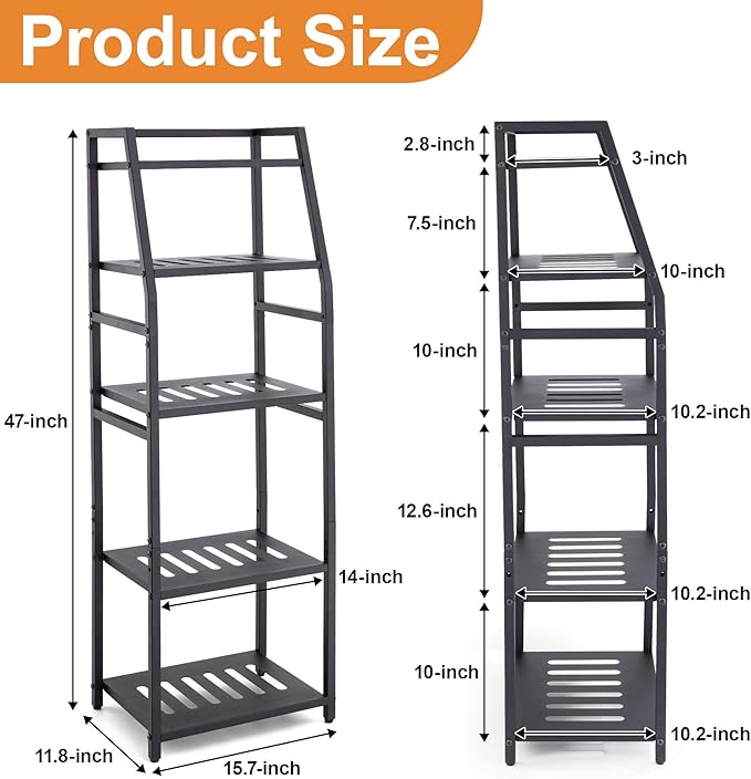 Aquzee 5-Tier Bathroom Shelf, Tall Towel Storage Rack for Bathroom, Standing Shelving Metal Units, Height Adjustable Shlef Display Rack for Laundry Bathroom Kitchen, 15.75”W x 11.81”D x 47.24”H